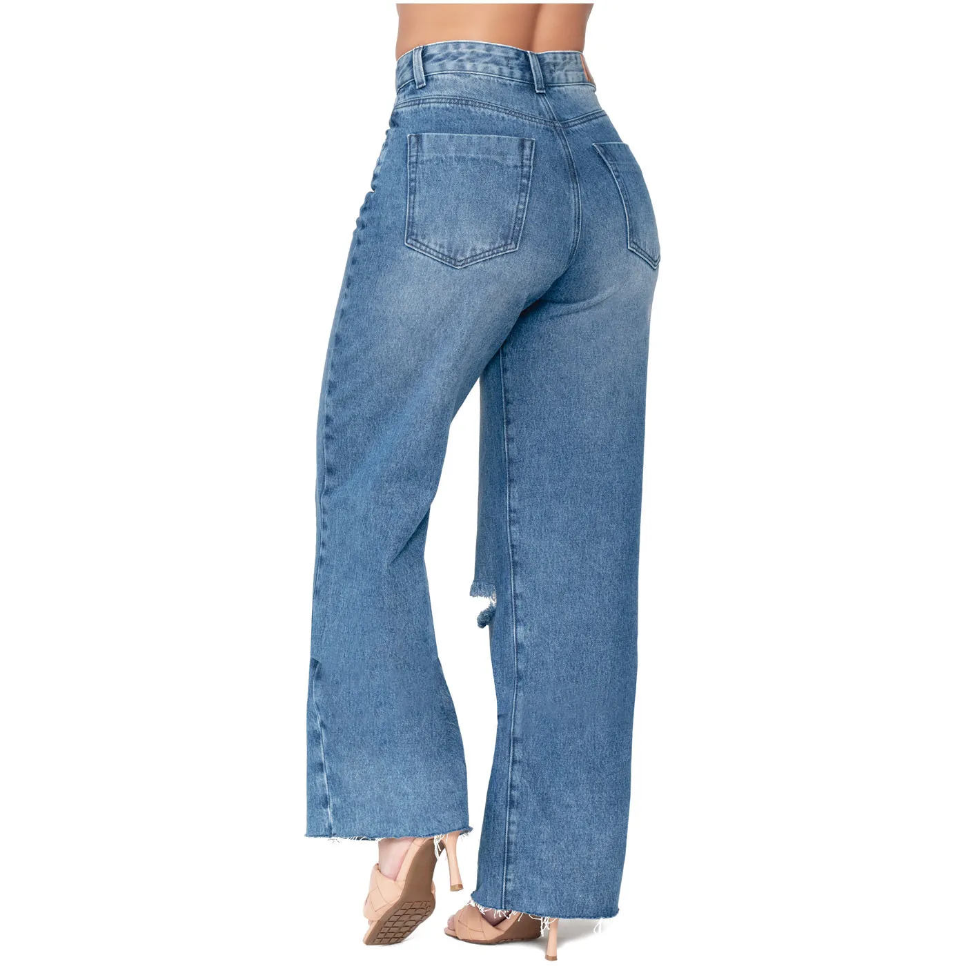 Women Distressed Denim High Rise Full Length Wide Leg Jeans Lowla 212395