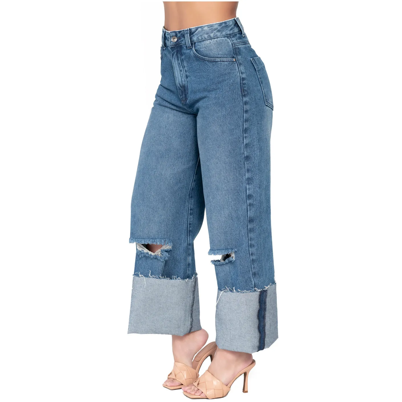 Women Distressed Denim High Rise Full Length Wide Leg Jeans Lowla 212395