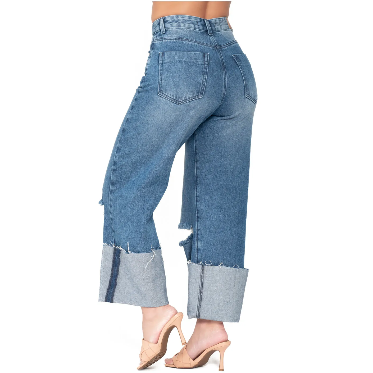 Women Distressed Denim High Rise Full Length Wide Leg Jeans Lowla 212395