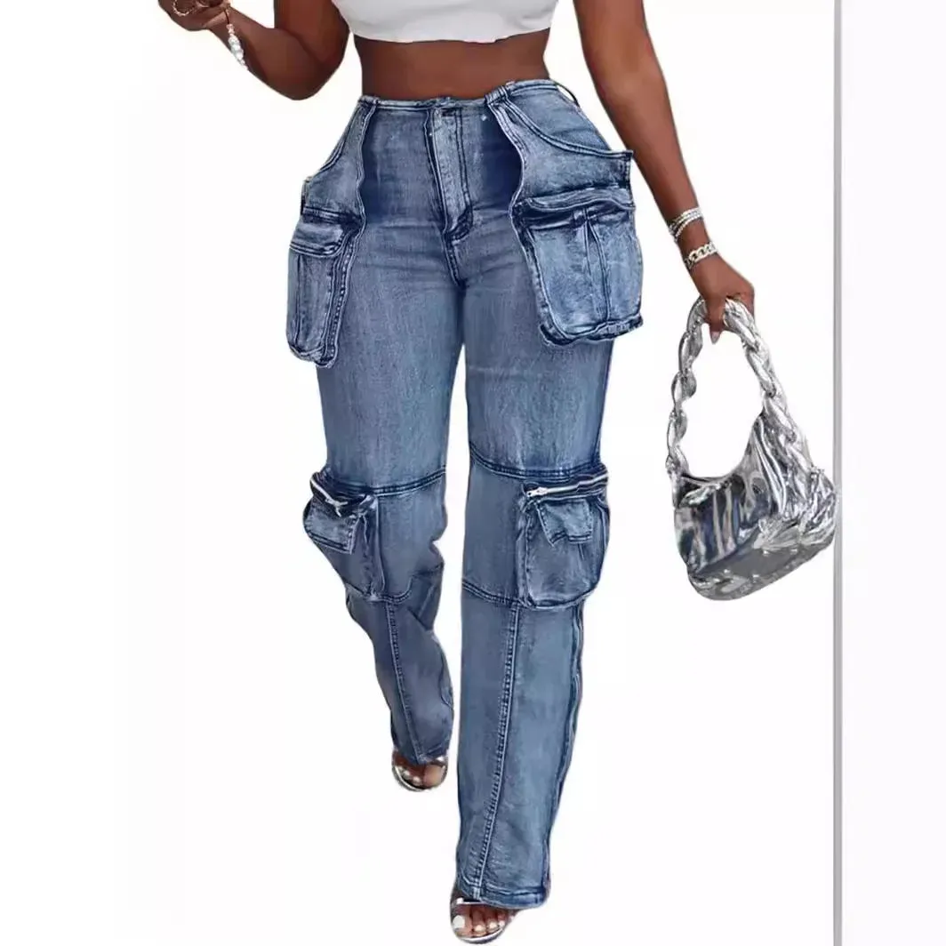 Women New Vintage Washed Distressed Jeans Ankle Length Spliced Cargo Pants Denim Pockets High Waist