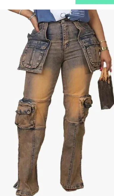 Women New Vintage Washed Distressed Jeans Ankle Length Spliced Cargo Pants Denim Pockets High Waist