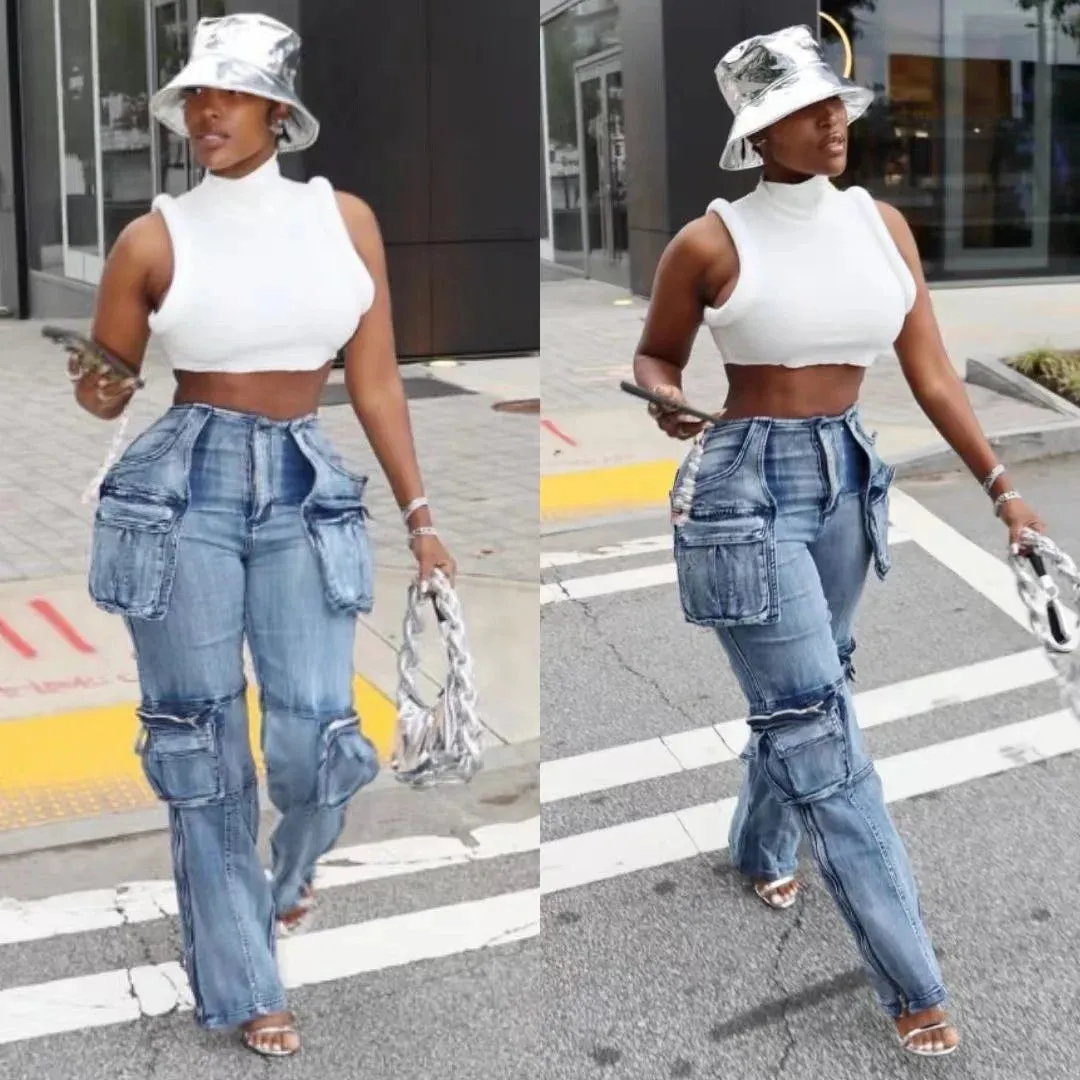 Women New Vintage Washed Distressed Jeans Ankle Length Spliced Cargo Pants Denim Pockets High Waist