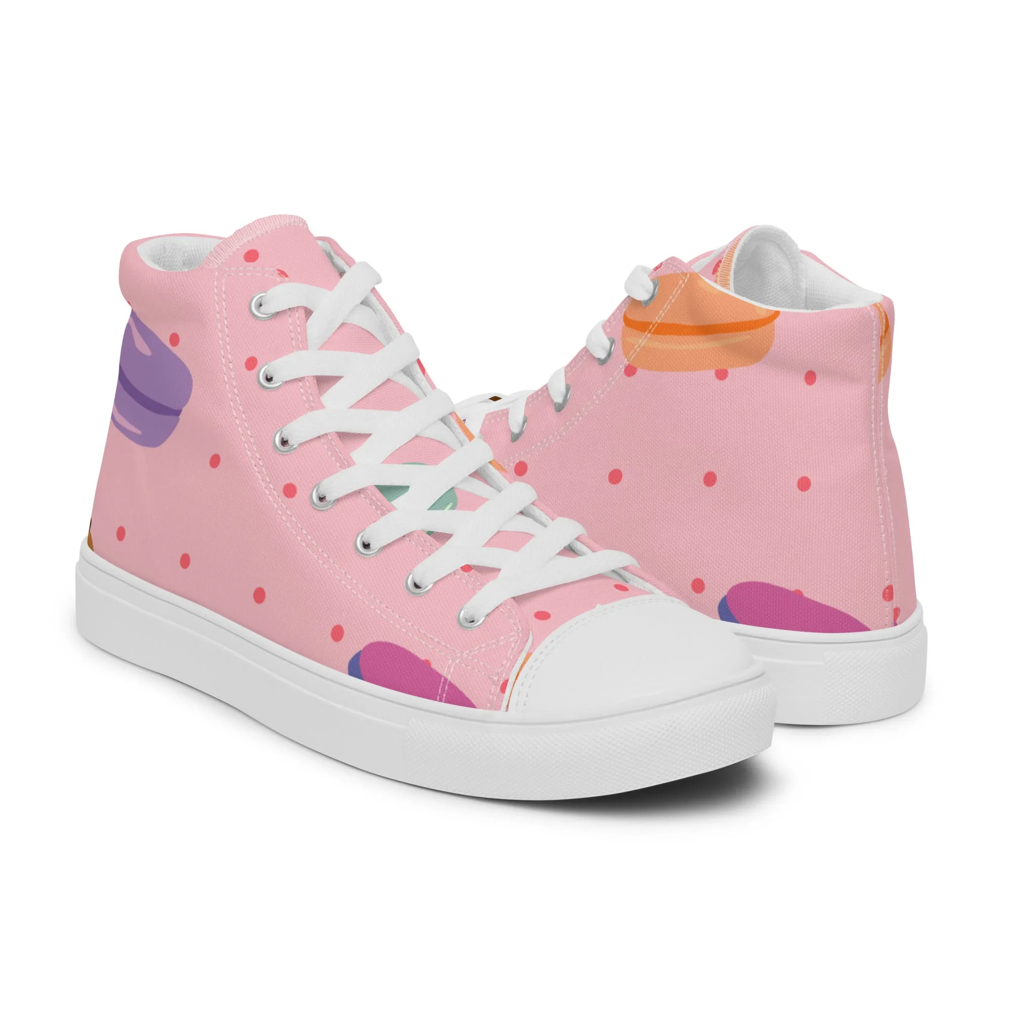 Women's Stylish High Top Canvas Shoes with a Fun Macaroon Design.