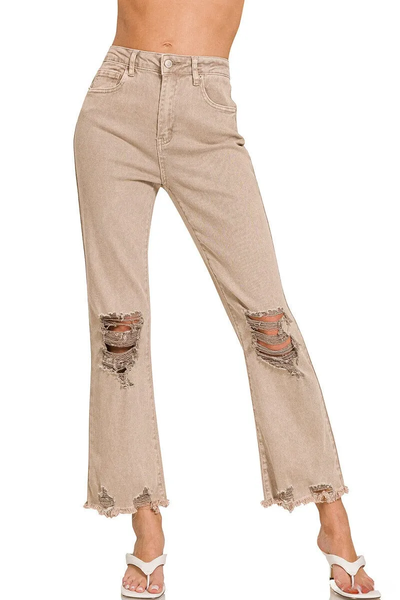 Zenana Acid Washed High Waist Distressed Straight Leg Jeans